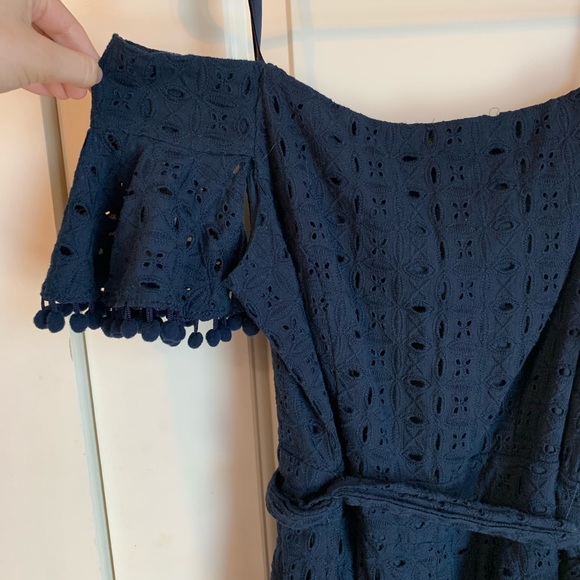 Navy Eyelet Off-The-Shoulder Jumper w/Pom Poms - Picture 2 of 4